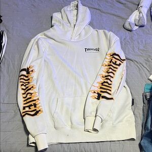 Thrasher White Hoodie with Orange & Black Flame Sleeve Logos